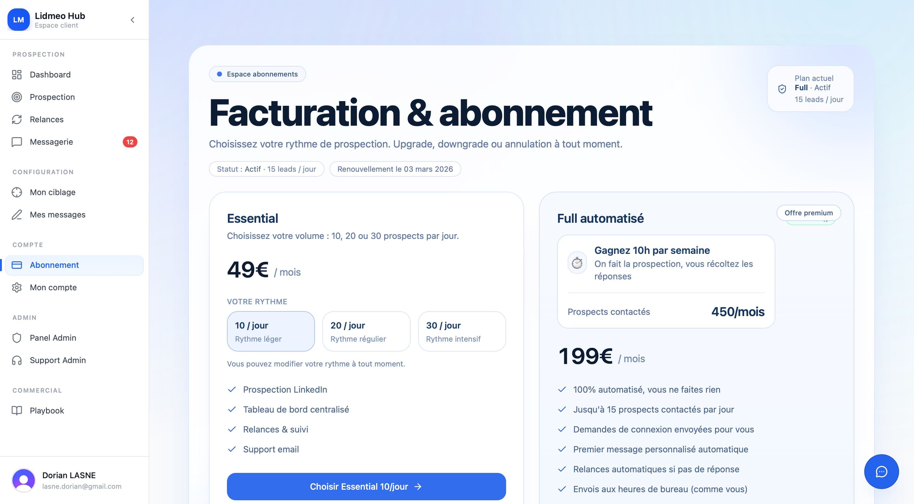 Page Facturation avec le plan actuel affiché