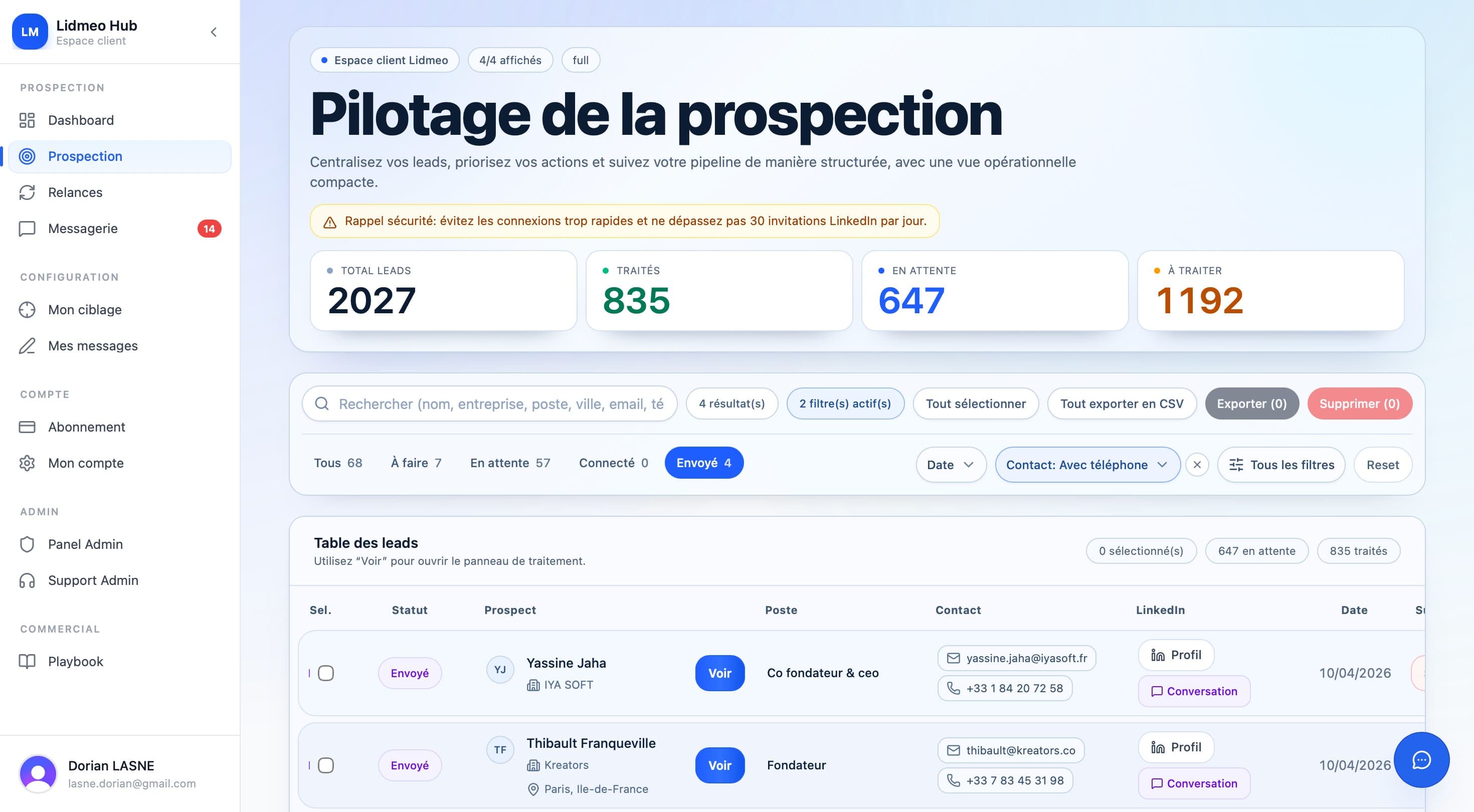 Page Leads avec filtres actifs