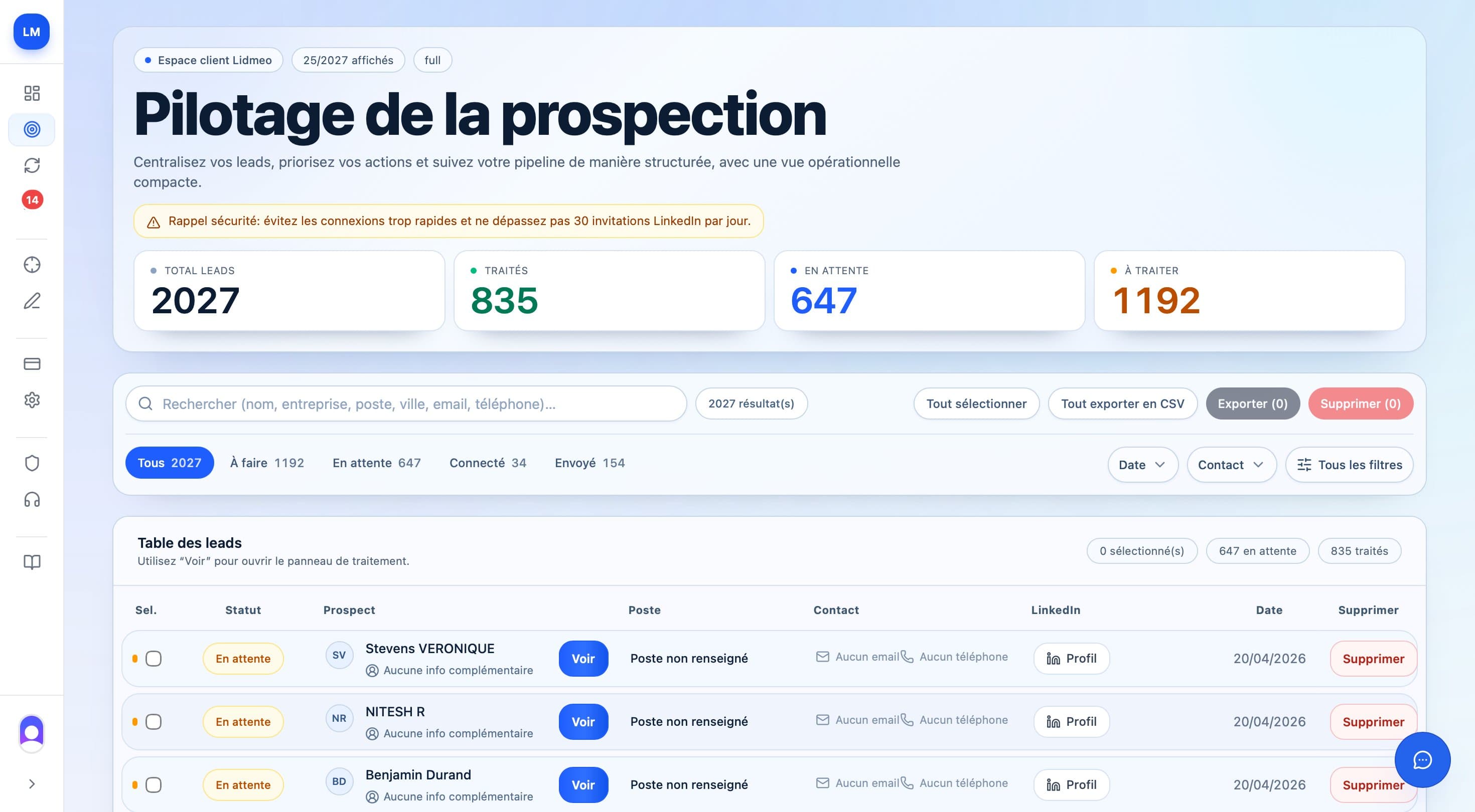 Page Leads, vue desktop complète
