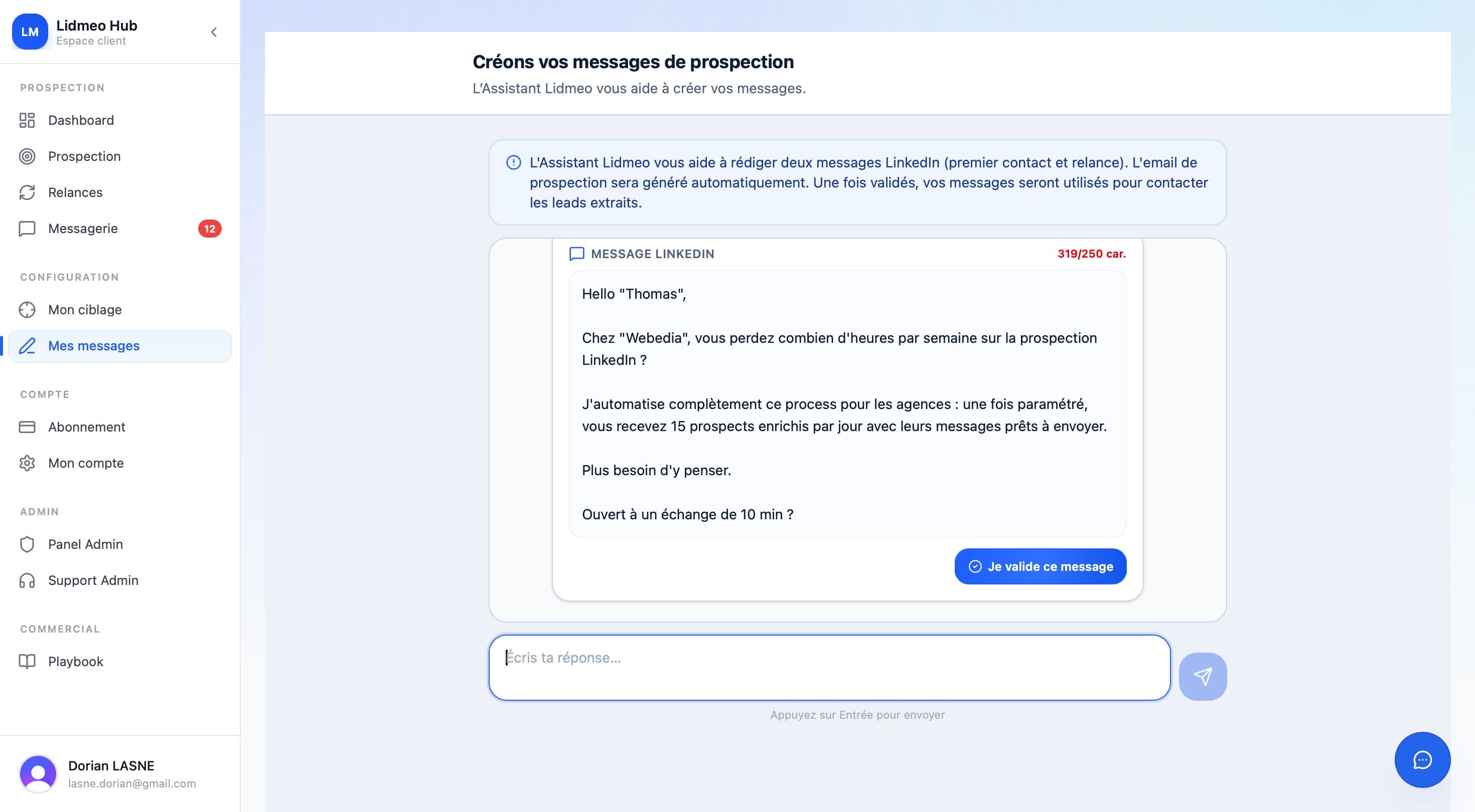 Sidebar prospect ouverte avec éditeur de messages
