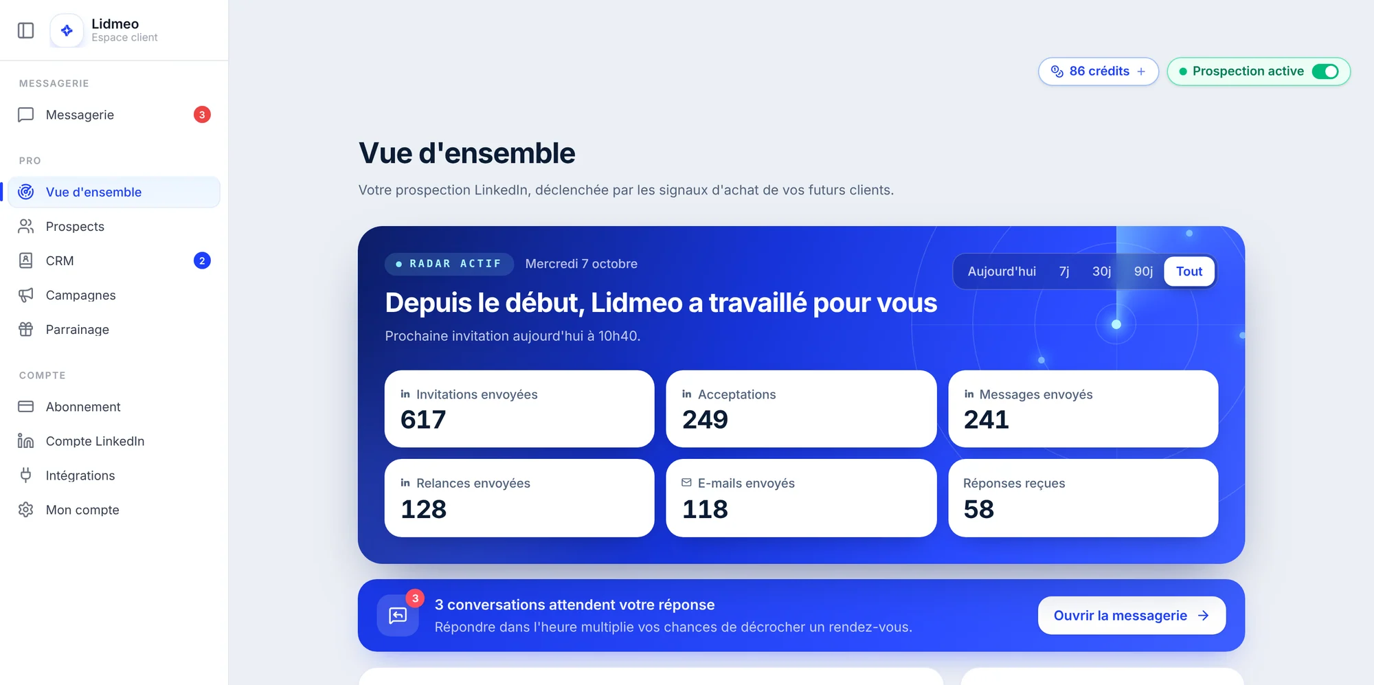 La Vue d'ensemble de Lidmeo : barre de gauche avec Messagerie, Vue d'ensemble, Prospects, CRM, Campagnes ; en haut, la carte bleue « Depuis le début, Lidmeo a travaillé pour vous » avec les invitations, acceptations, messages, relances, e-mails et réponses ; dessous, « 3 conversations attendent votre réponse ».