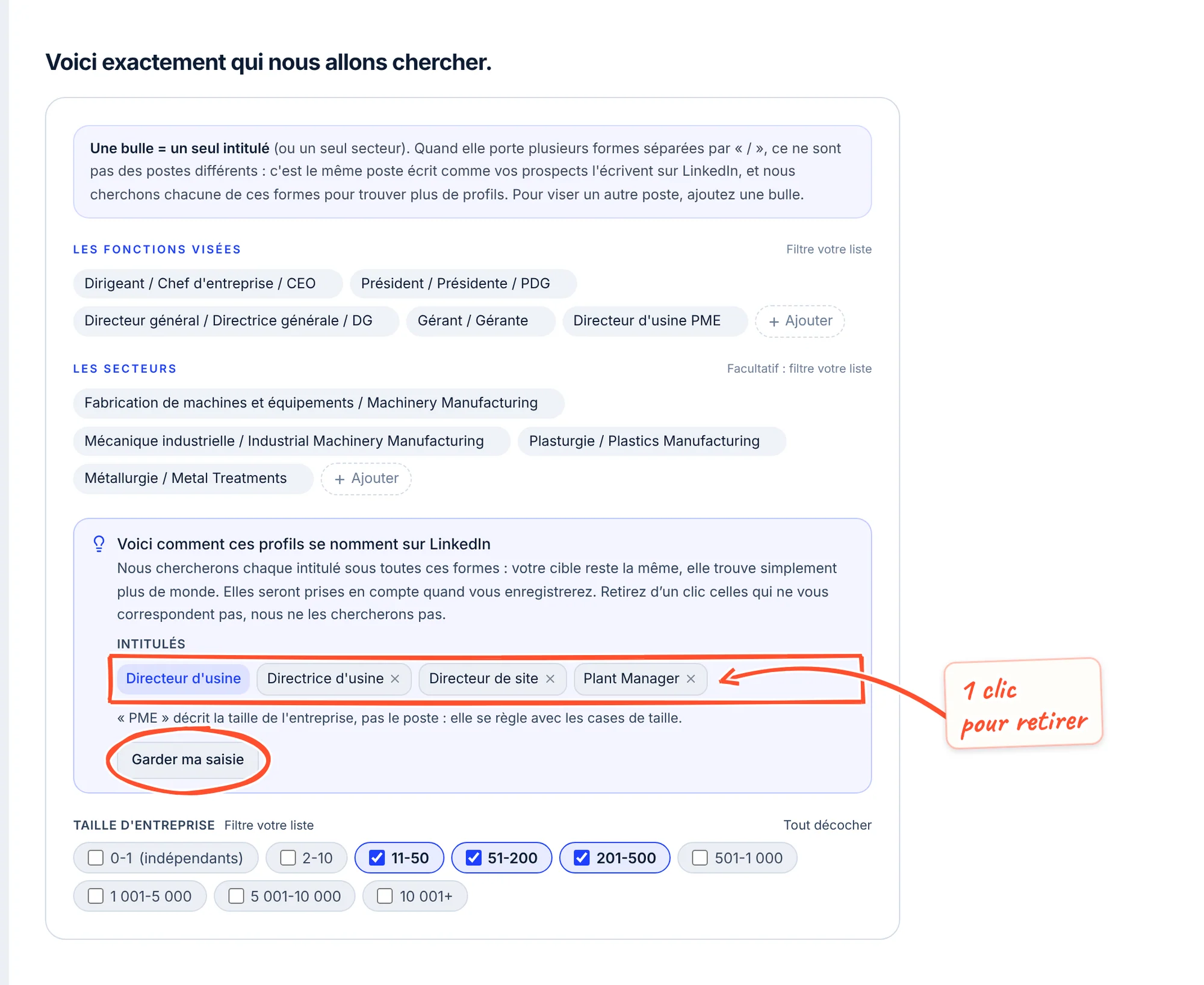 Après l'ajout de « Directeur d'usine PME », l'encadré des formes LinkedIn propose Directrice d'usine, Directeur de site et Plant Manager, chacune avec une croix, explique que « PME » se règle avec les cases de taille, et offre le bouton Garder ma saisie.