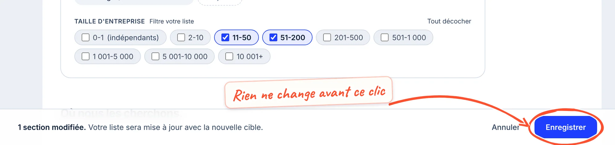 La barre d'enregistrement en bas de l'écran après avoir décoché une taille : « 1 section modifiée », avec les boutons Annuler et Enregistrer.