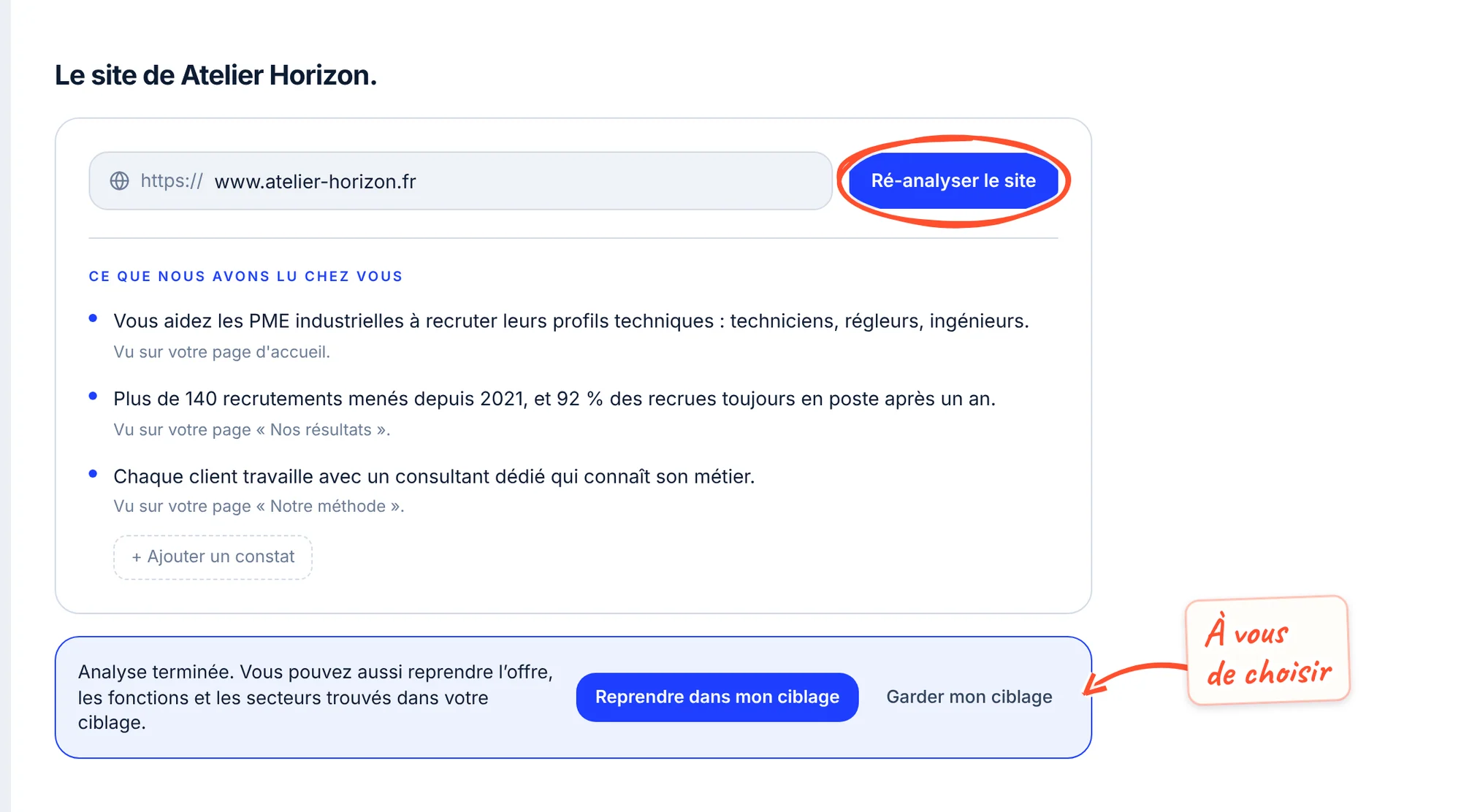 La section du site après une nouvelle analyse : l'adresse du site, le bouton Ré-analyser le site entouré, trois constats avec leur source, puis l'encadré « Analyse terminée » avec les boutons Reprendre dans mon ciblage et Garder mon ciblage.