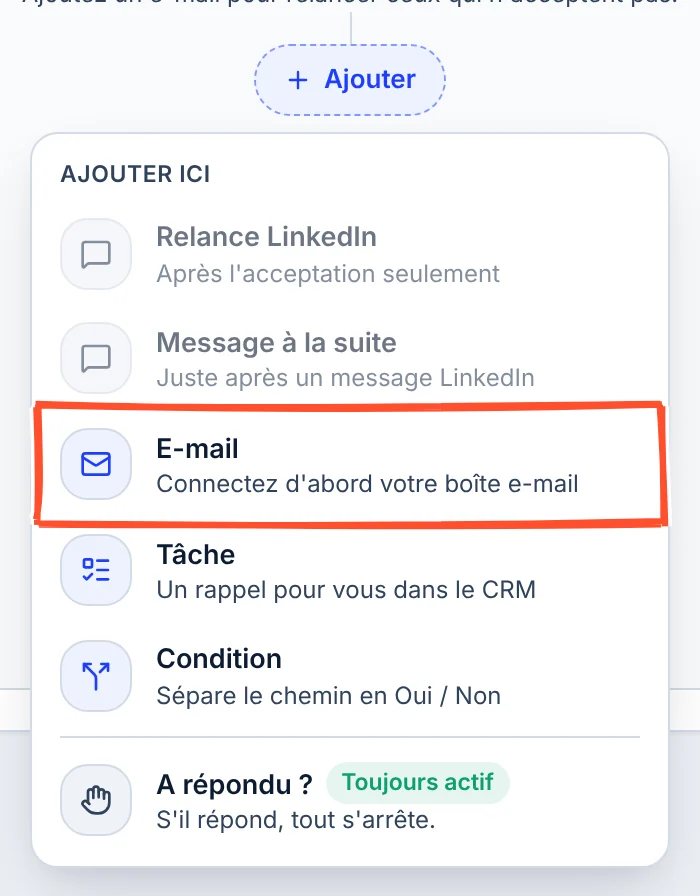 Menu Ajouter ici au bout du chemin Si pas acceptée : Relance LinkedIn et Message à la suite grisés, le choix E-mail encadré avec la mention Connectez d'abord votre boîte e-mail, puis Tâche et Condition.