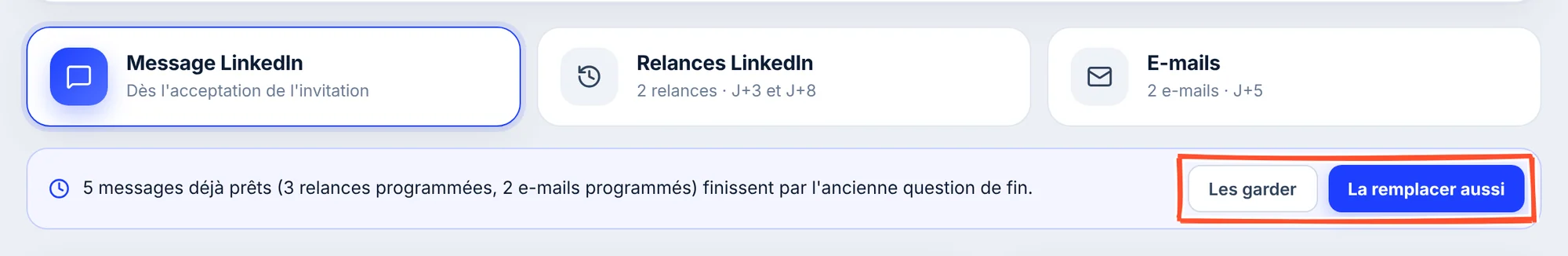 Le bandeau sous les onglets : 5 messages déjà prêts (3 relances programmées, 2 e-mails programmés) finissent par l'ancienne question de fin, avec les boutons Les garder et La remplacer aussi encadrés.