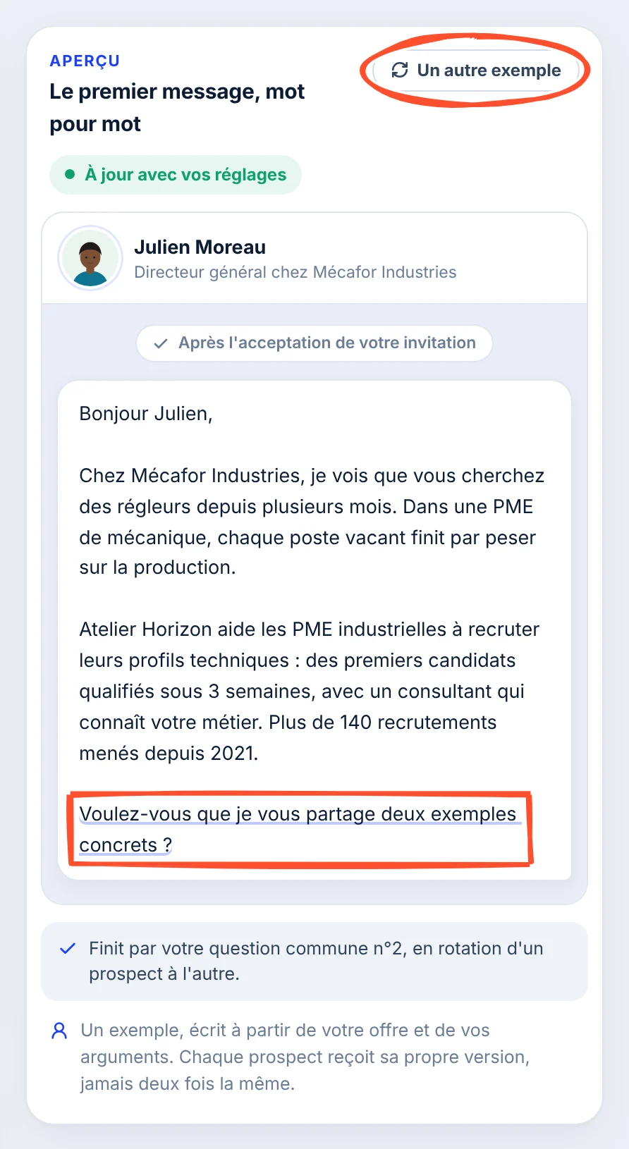 L'aperçu du premier message : le bouton Un autre exemple entouré, l'état « À jour avec vos réglages », la conversation avec Julien Moreau, Directeur général chez Mécafor Industries, et le message dont la dernière question est soulignée.