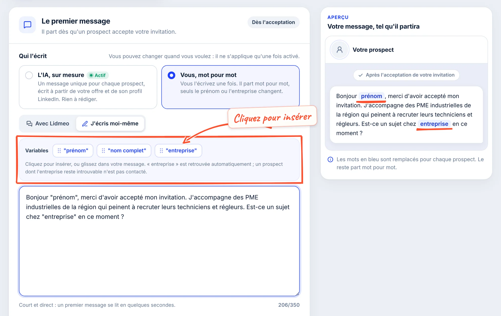 Le mode Vous, mot pour mot avec J'écris moi-même : la palette Variables encadrée avec « prénom », « nom complet » et « entreprise », le champ du message, et l'aperçu où prénom et entreprise apparaissent en bleu.