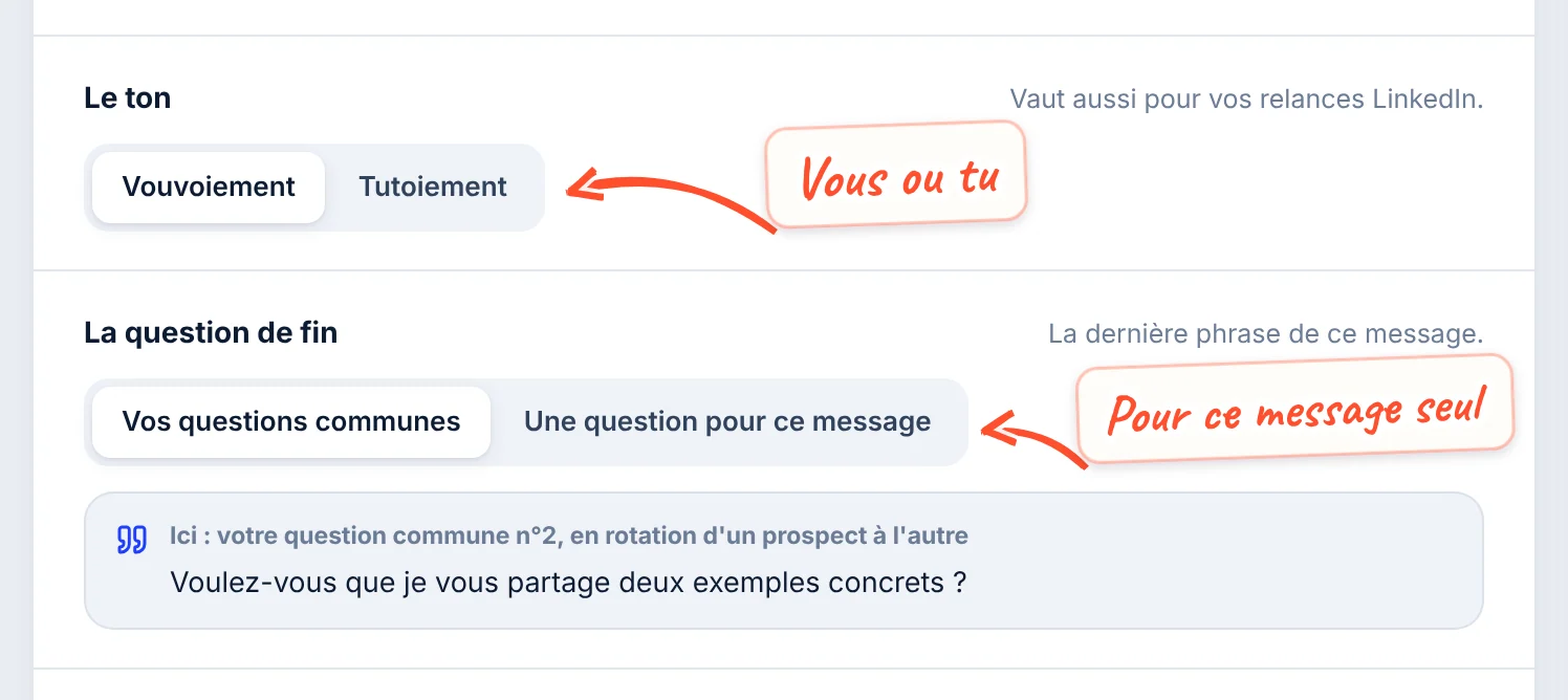 Les rubriques Le ton (Vouvoiement, Tutoiement) et La question de fin (Vos questions communes, Une question pour ce message), avec la citation de la question commune n°2.
