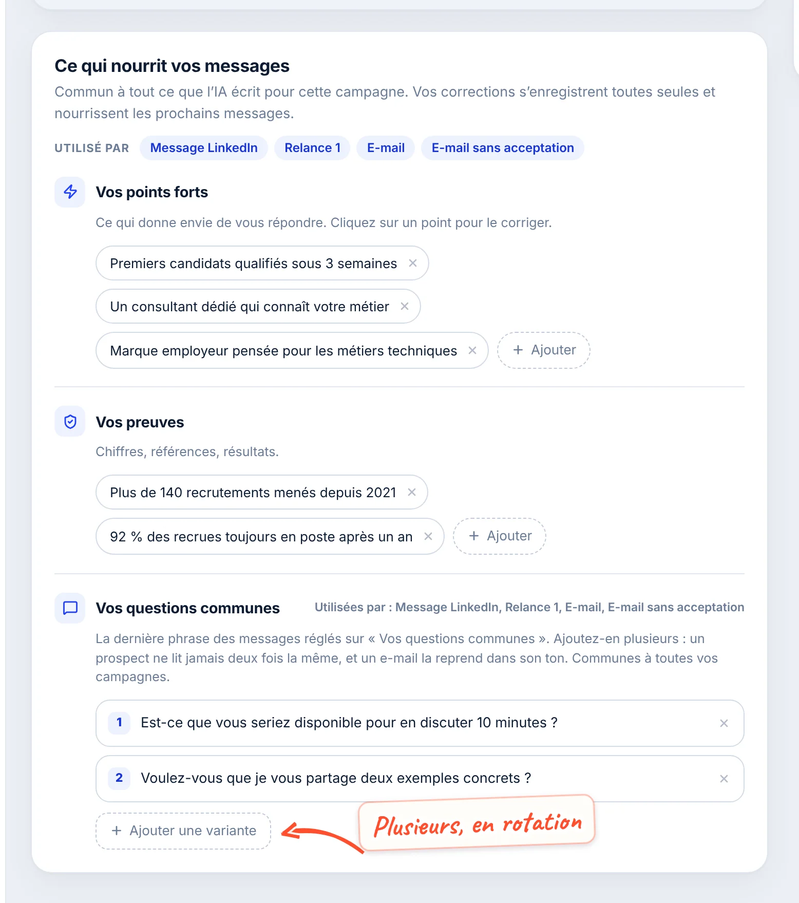La carte Ce qui nourrit vos messages : Utilisé par Message LinkedIn, Relance 1, E-mail et E-mail sans acceptation ; trois points forts, deux preuves, et deux questions communes numérotées avec le bouton Ajouter une variante.
