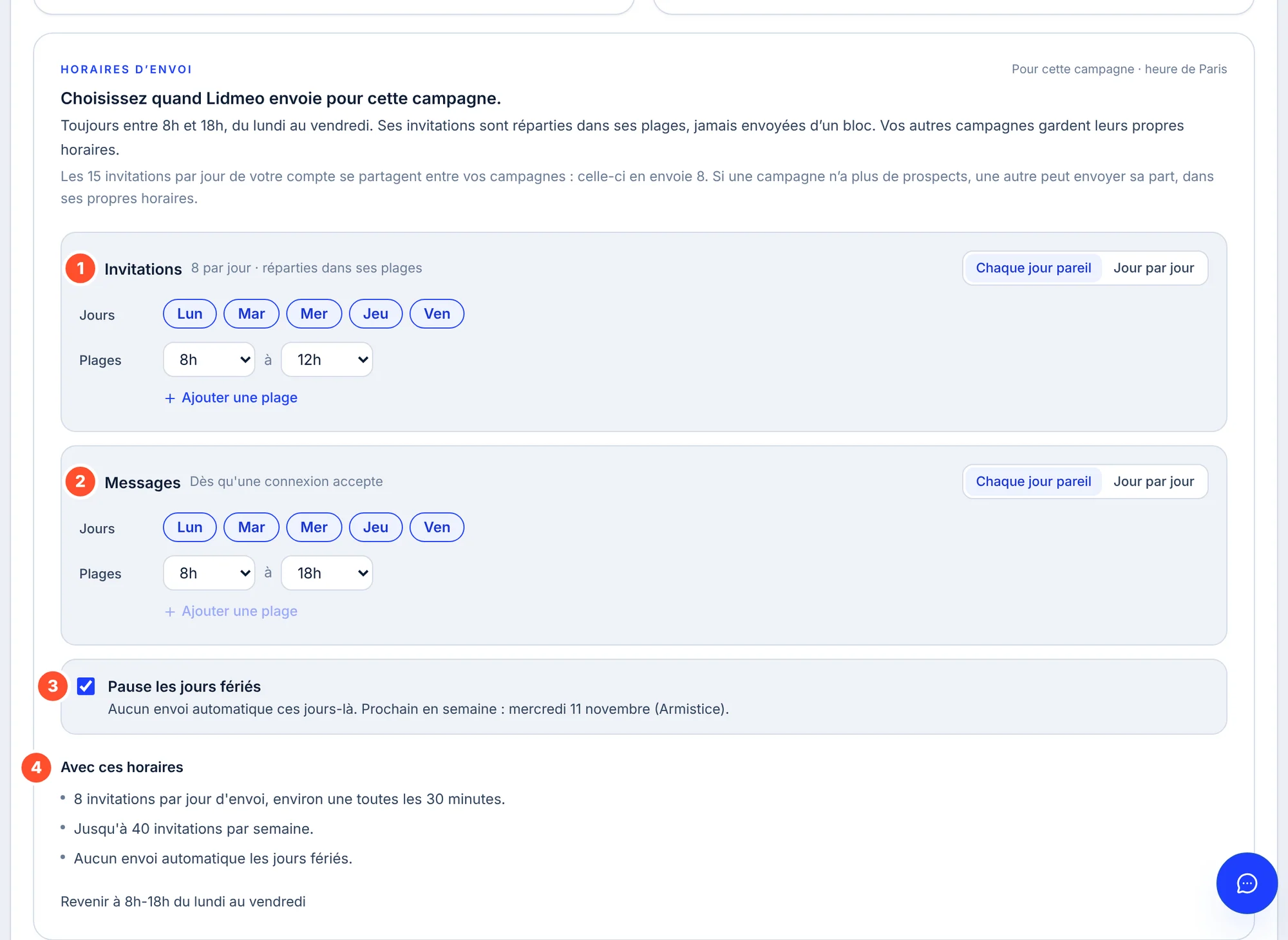 La carte Horaires d'envoi d'une campagne : plages des invitations et des messages, jour par jour, pause les jours fériés et effets de ces horaires.