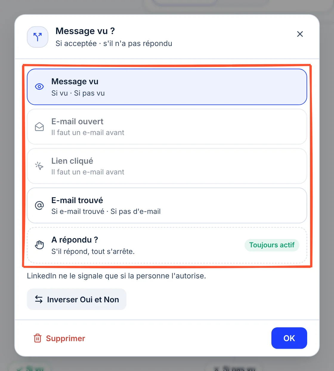 Fenêtre de la condition Message vu ? : la liste des règles encadrée, avec Message vu sélectionné, E-mail ouvert et Lien cliqué grisés avec la mention Il faut un e-mail avant, E-mail trouvé, et la règle A répondu ? toujours active.
