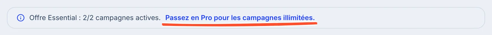 Bandeau Offre Essential : 2/2 campagnes actives, avec le lien Passez en Pro pour les campagnes illimitées souligné.