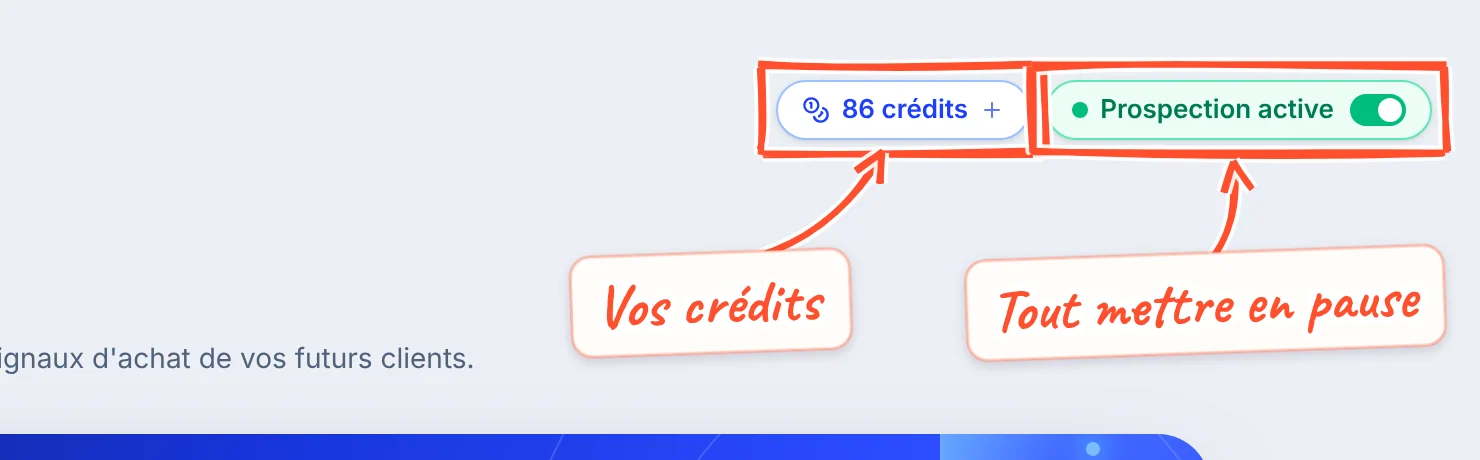 En haut à droite de l'écran, la pastille « 86 crédits » et l'interrupteur vert « Prospection active », tous deux encadrés.