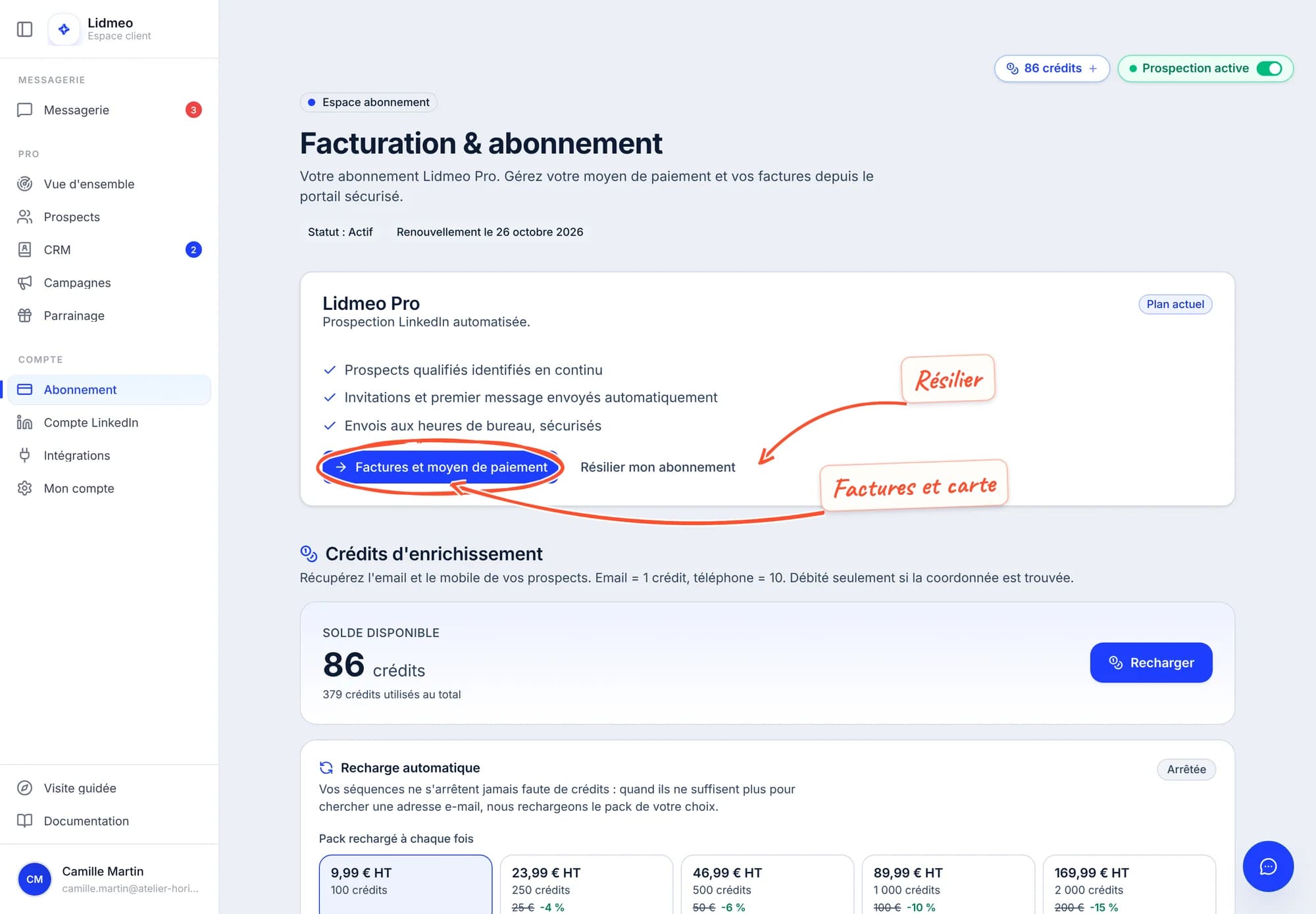 Page Abonnement d'une abonnée Pro : titre Facturation et abonnement, statut Actif, date de renouvellement, carte de l'offre Lidmeo Pro avec le bouton Factures et moyen de paiement entouré et, à côté, le lien Résilier mon abonnement, puis la section Crédits d'enrichissement.