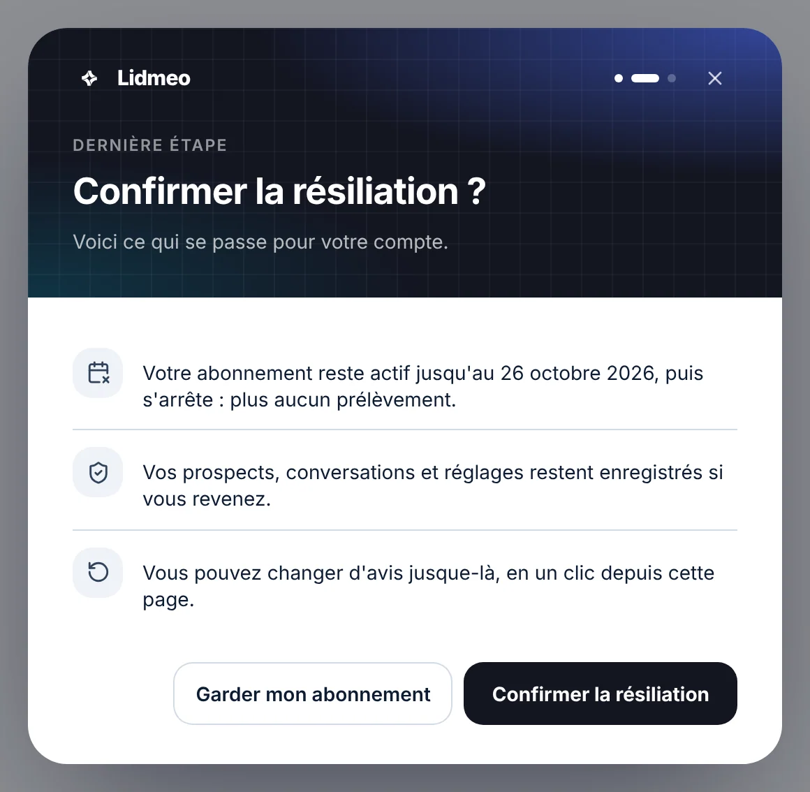 Fenêtre Dernière étape, Confirmer la résiliation ? : votre abonnement reste actif jusqu'au 26 octobre 2026 puis s'arrête, plus aucun prélèvement ; vos prospects, conversations et réglages restent enregistrés si vous revenez ; vous pouvez changer d'avis jusque-là, en un clic depuis cette page. Boutons Garder mon abonnement et Confirmer la résiliation.
