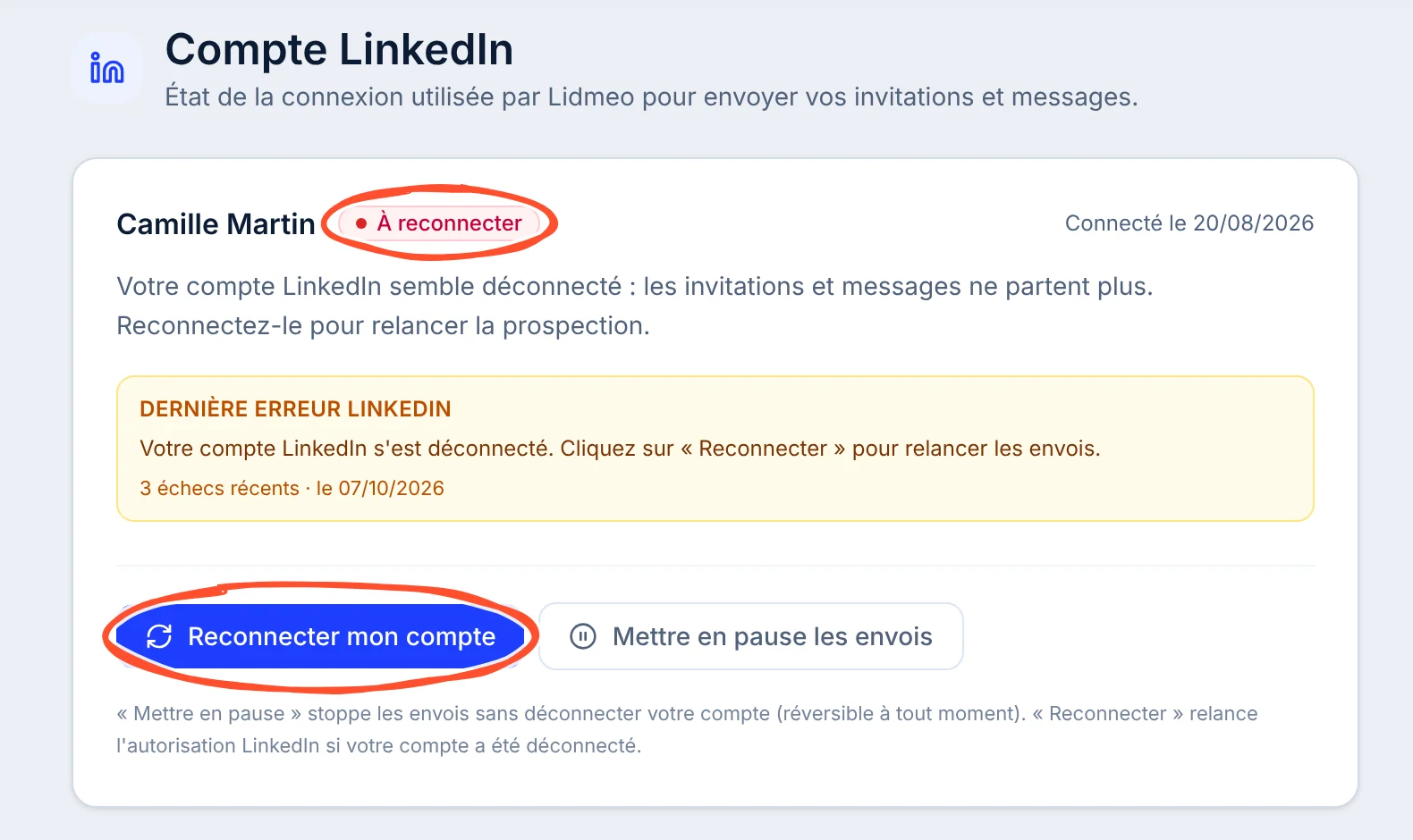 Carte Compte LinkedIn à l'état À reconnecter, avec l'encadré Dernière erreur LinkedIn et le bouton Reconnecter mon compte entouré
