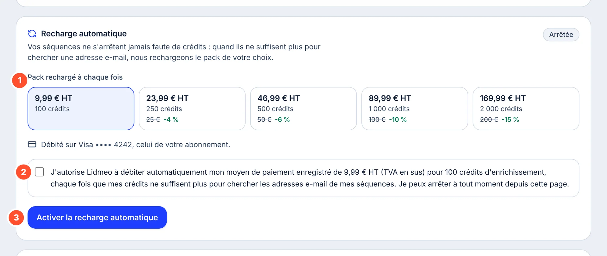 Carte Recharge automatique à l'état Arrêtée : pastille 1 sur le choix du pack rechargé à chaque fois, pastille 2 sur la case d'autorisation de débit, pastille 3 sur le bouton Activer la recharge automatique.