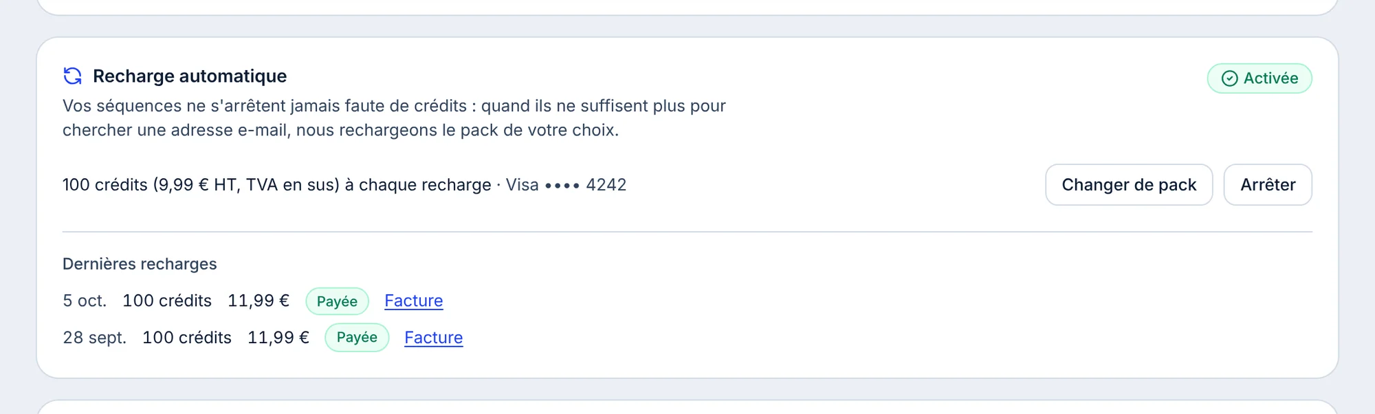 Carte Recharge automatique activée : 100 crédits à 9,99 euros HT par recharge sur une carte Visa, boutons Changer de pack et Arrêter, et la liste des dernières recharges payées avec un lien Facture.