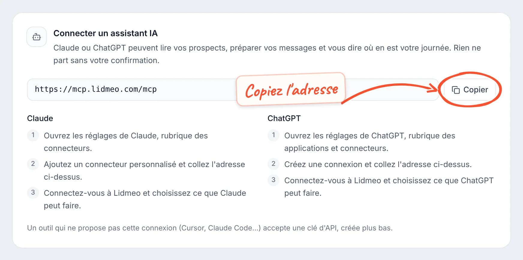 Bloc Connecter un assistant IA : l'adresse https://mcp.lidmeo.com/mcp avec le bouton Copier entouré, puis les trois étapes pour Claude et les trois étapes pour ChatGPT.