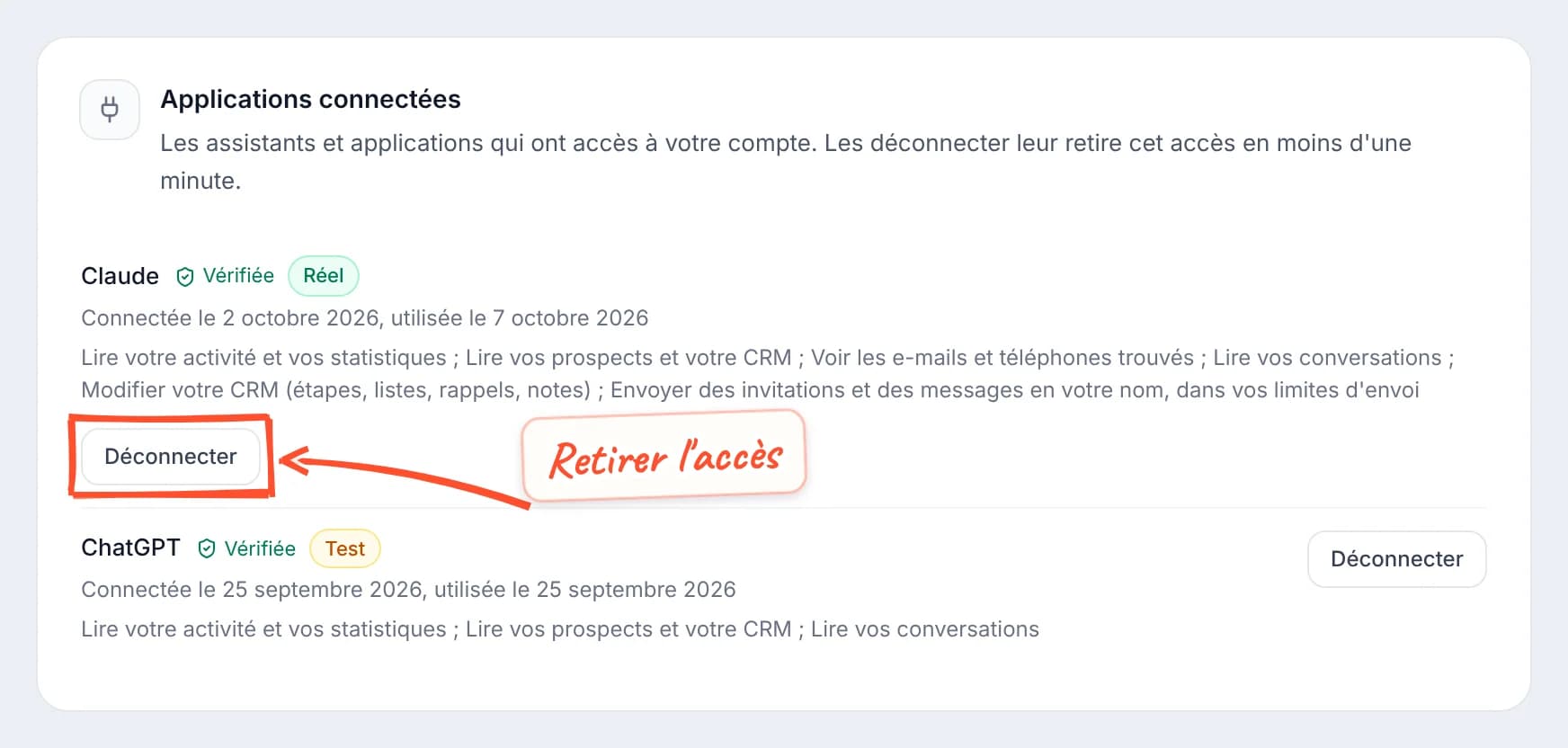 Bloc Applications connectées : Claude, Vérifiée, badge Réel, connectée le 2 octobre 2026 et utilisée le 7 octobre 2026, avec ses six droits, et le bouton Déconnecter encadré ; dessous, ChatGPT, Vérifiée, badge Test, avec trois droits de lecture.