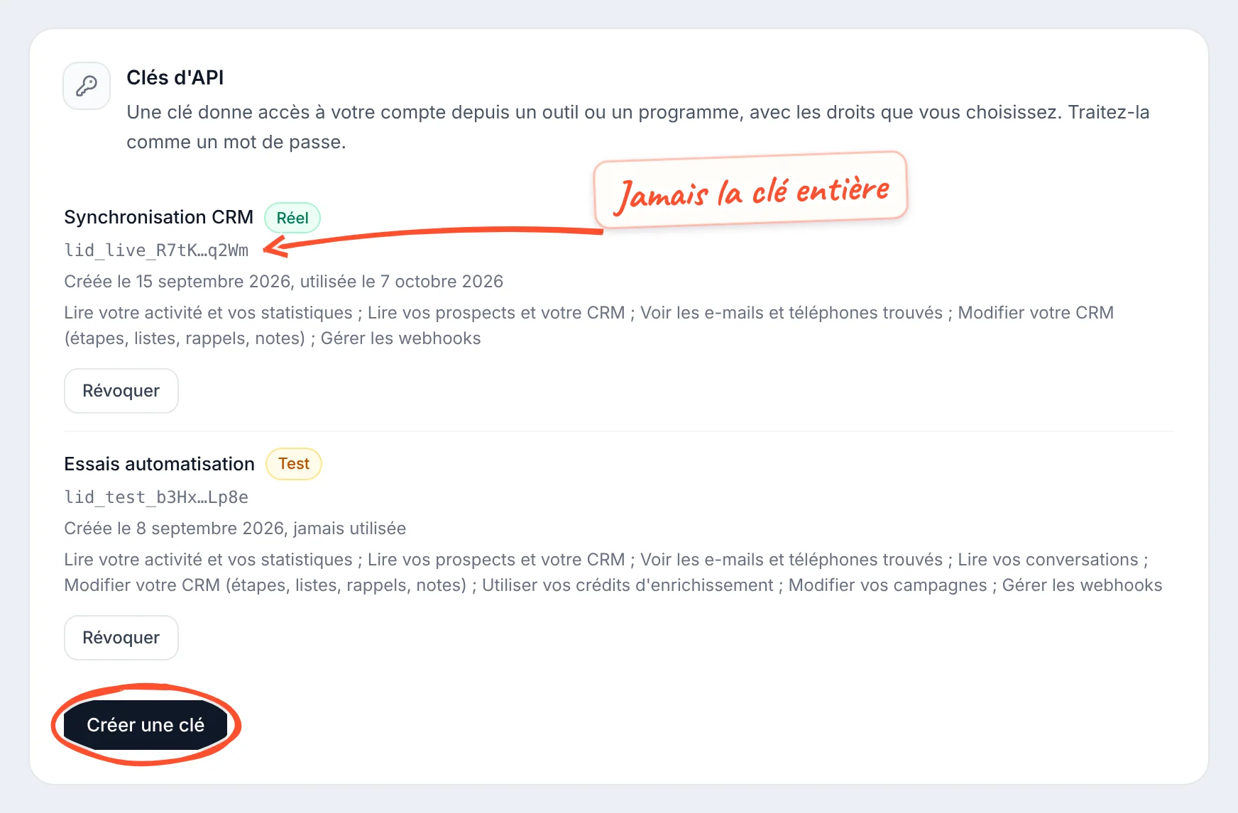 Bloc Clés d'API : la clé Synchronisation CRM (badge Réel), affichée lid_live_R7tK…q2Wm avec la note Jamais la clé entière, créée le 15 septembre 2026, utilisée le 7 octobre 2026, avec ses droits et le bouton Révoquer ; la clé Essais automatisation (badge Test), jamais utilisée ; le bouton Créer une clé entouré.