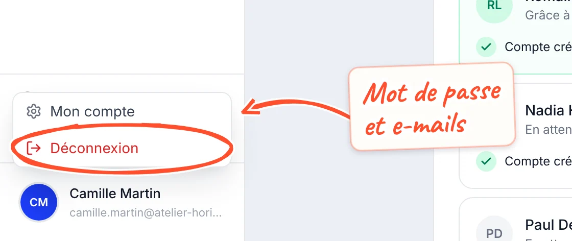 Menu du profil ouvert en bas de la barre de gauche, au-dessus du nom Camille Martin : entrées Mon compte et Déconnexion, cette dernière entourée.