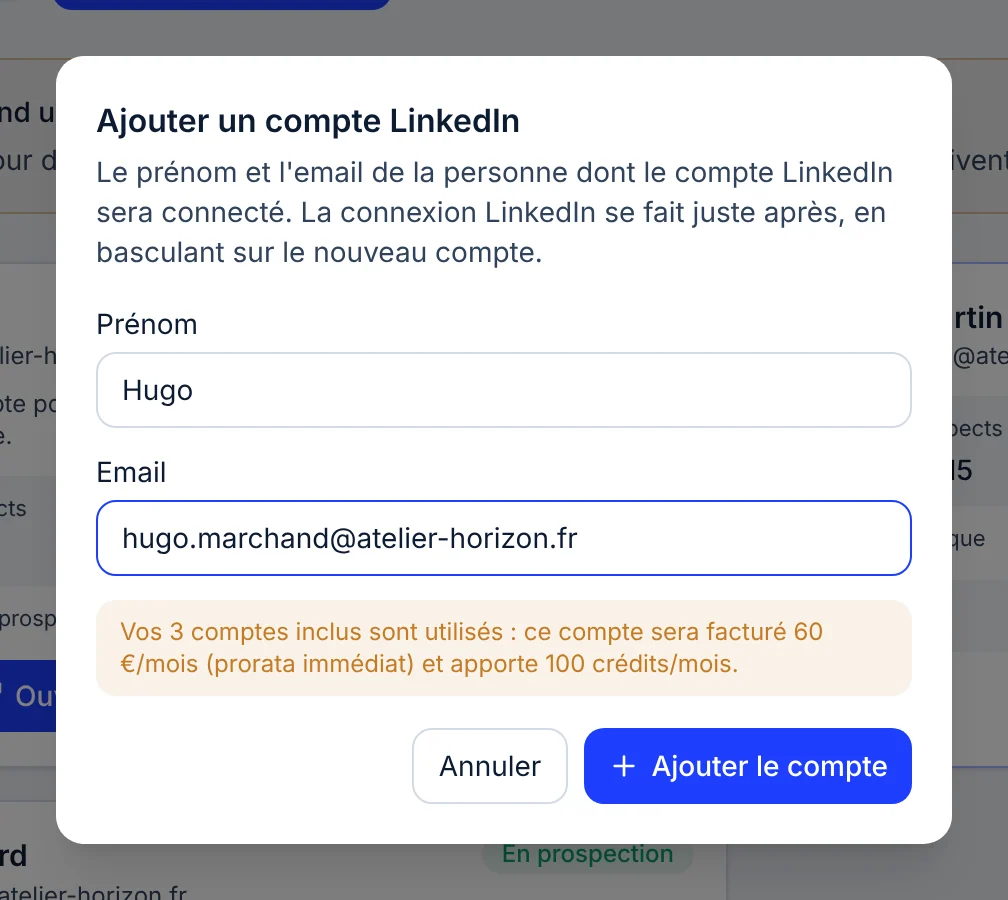 Fenêtre Ajouter un compte LinkedIn avec le prénom Hugo et une adresse e-mail, et l'encadré indiquant que les 3 comptes inclus sont utilisés : ce compte sera facturé 60 euros par mois au prorata immédiat et apporte 100 crédits par mois.