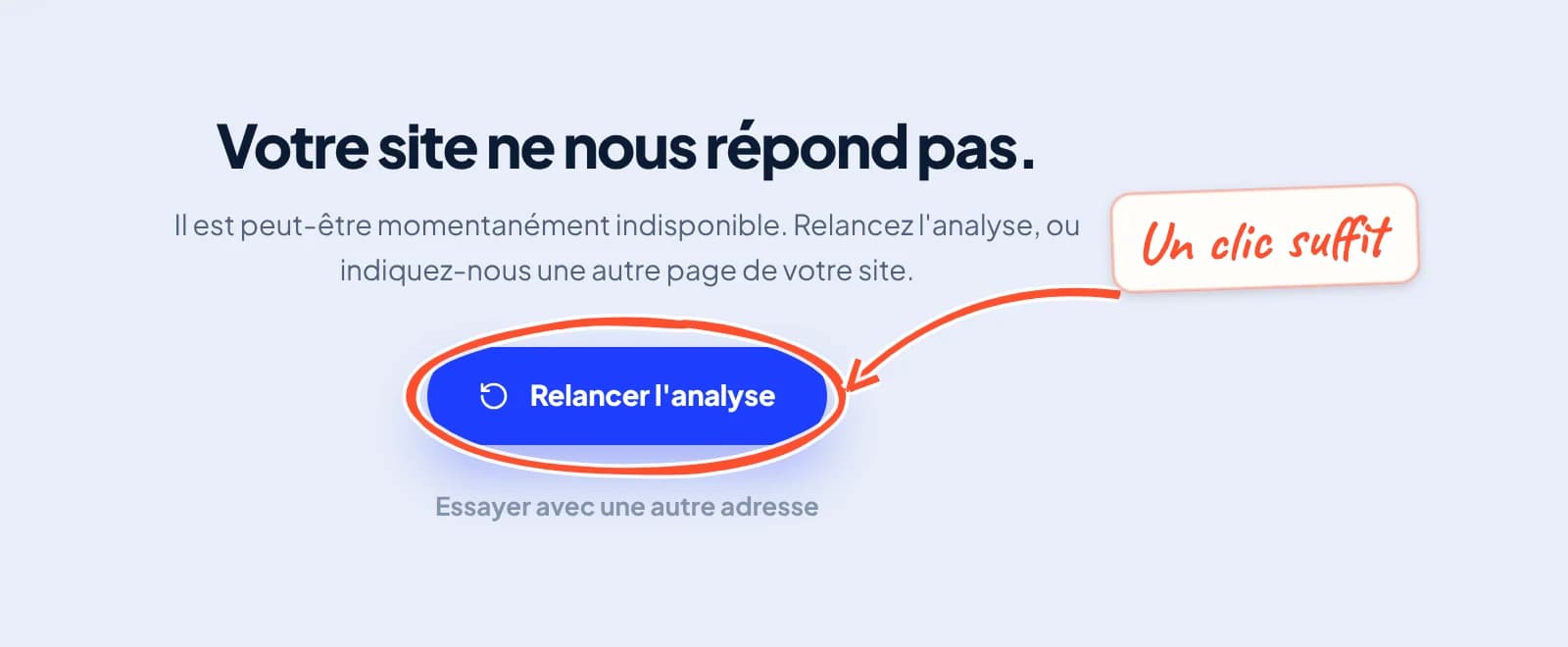 Message « Votre site ne nous répond pas. » avec le bouton Relancer l'analyse entouré et le lien Essayer avec une autre adresse