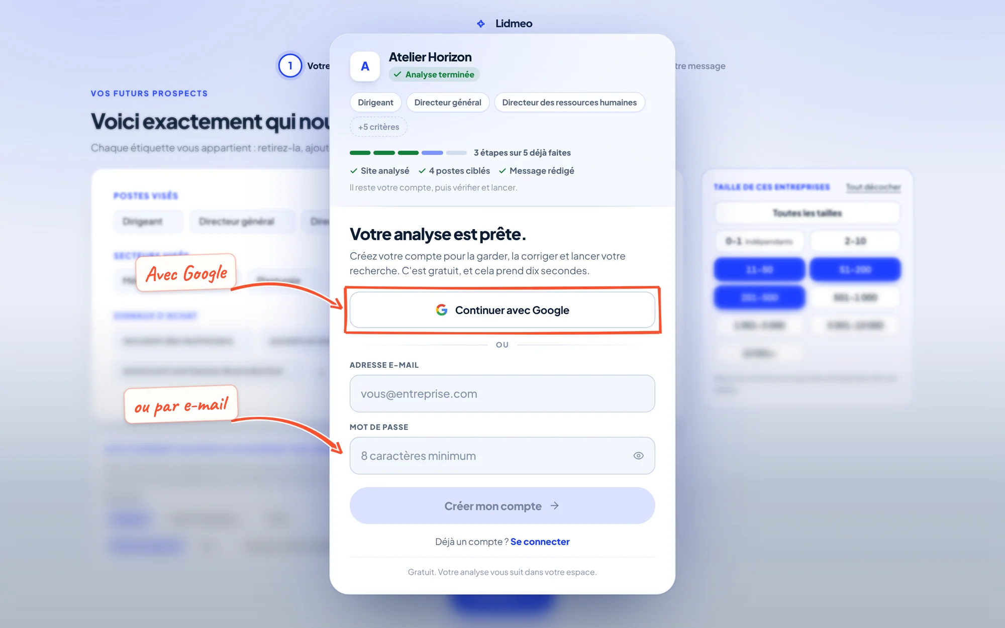 Fenêtre « Votre analyse est prête. » devant l'analyse floutée, avec Continuer avec Google encadré et les champs e-mail et mot de passe