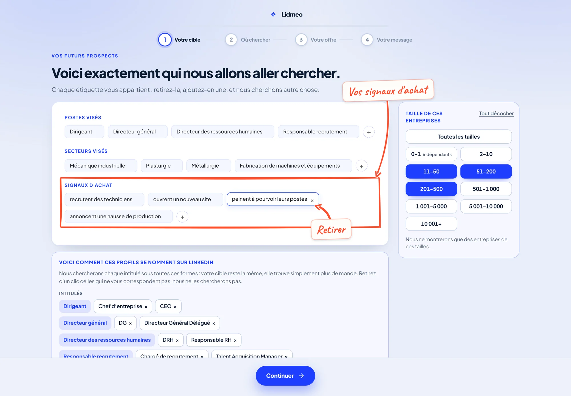 Écran Votre cible avec les postes visés, les secteurs visés, la ligne Signaux d'achat encadrée, la croix d'une étiquette survolée et la taille des entreprises à droite