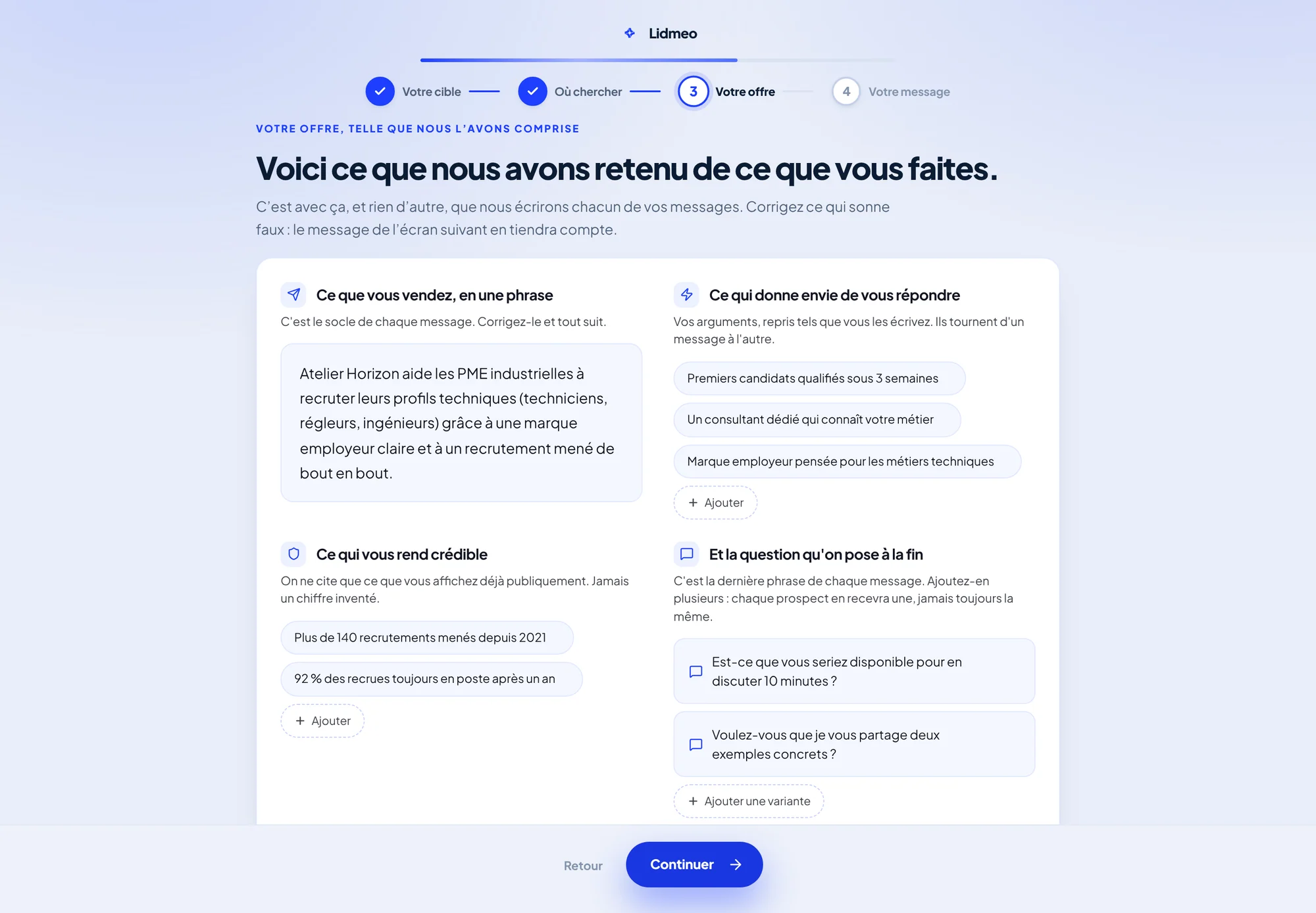 Écran Votre offre avec quatre blocs : ce que vous vendez, ce qui donne envie de vous répondre, ce qui vous rend crédible, et la question posée à la fin