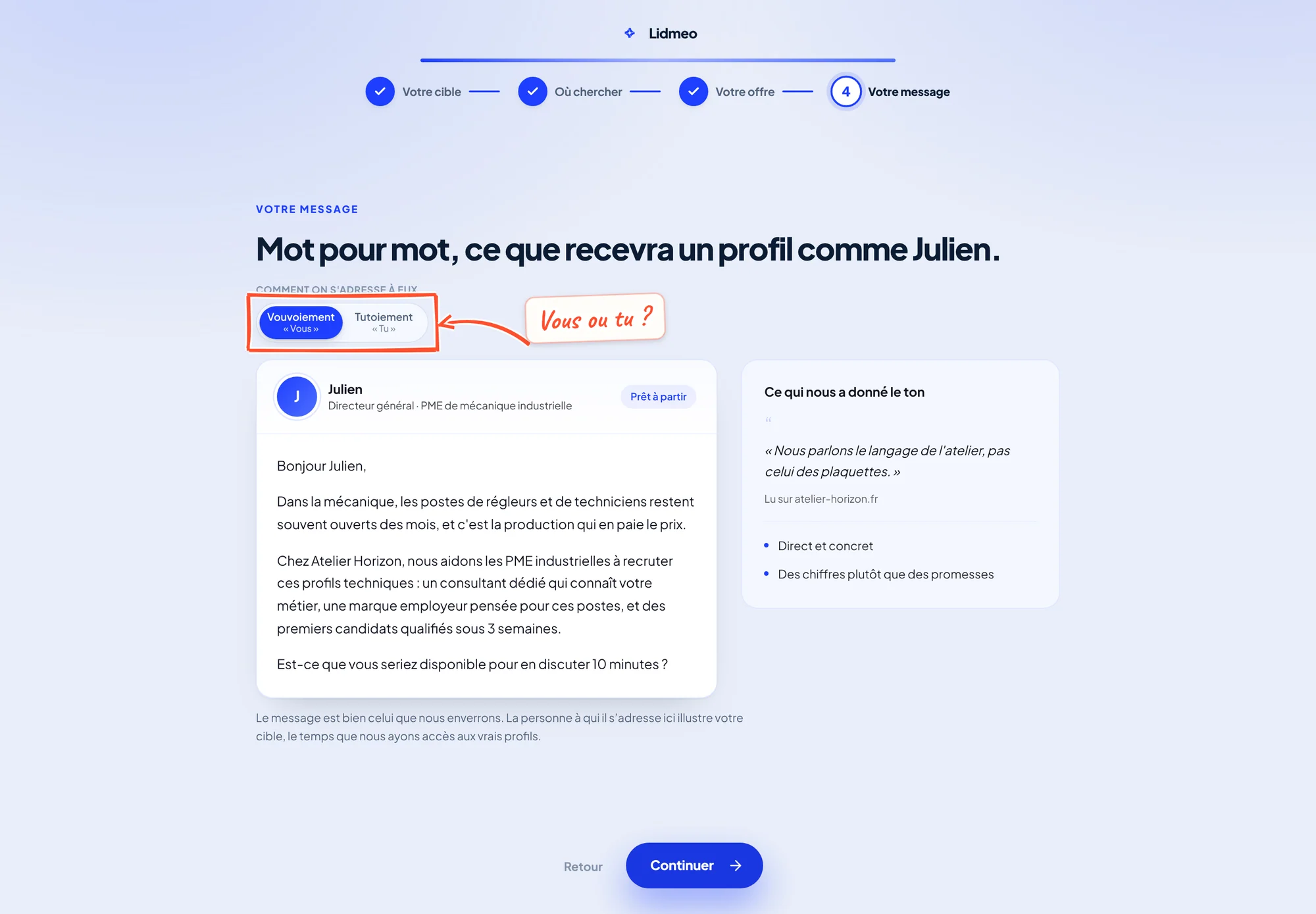 Écran Votre message avec le sélecteur Vouvoiement ou Tutoiement encadré, l'exemple de message adressé à Julien et le bloc Ce qui nous a donné le ton