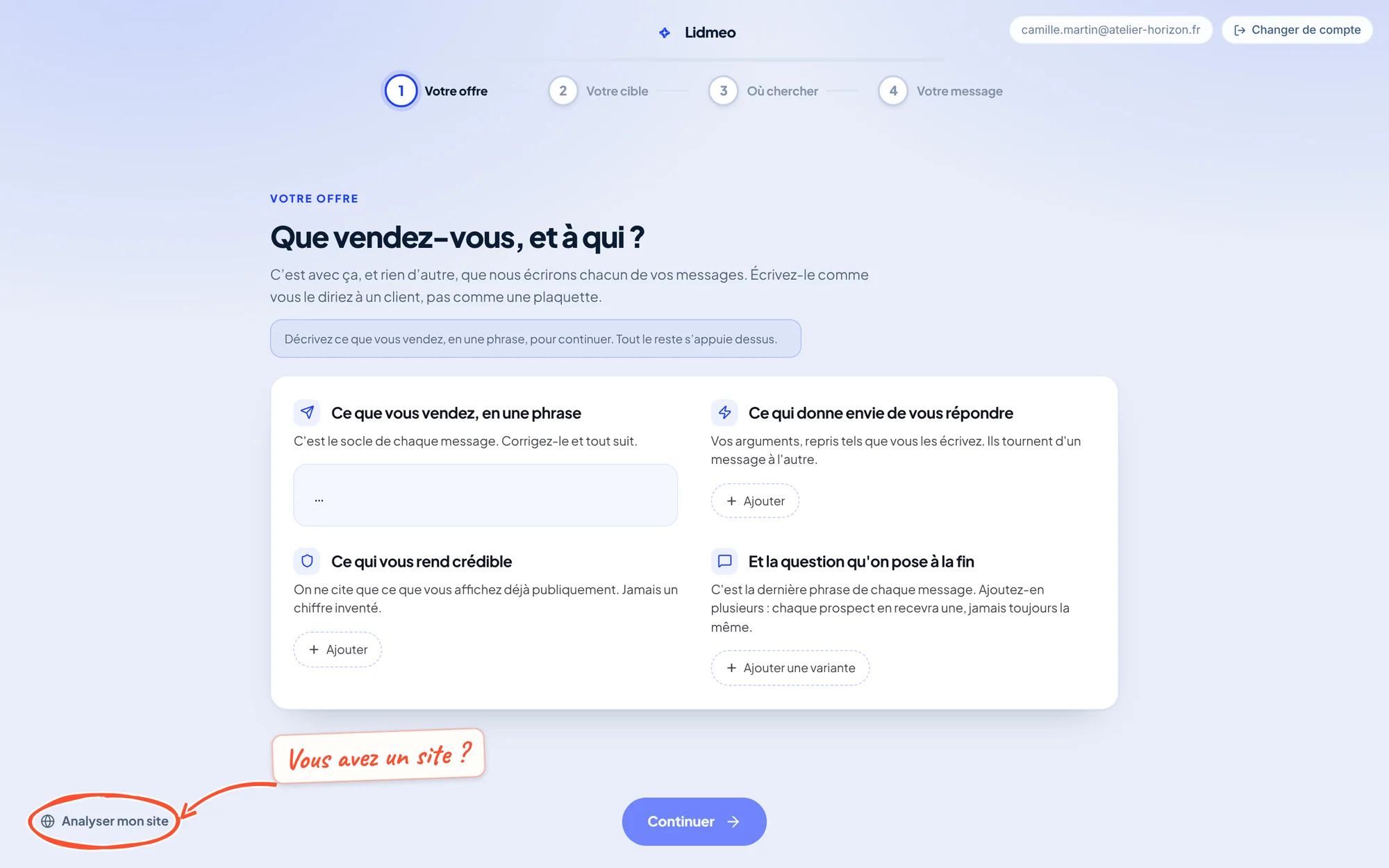 Écran « Que vendez-vous, et à qui ? » vide, avec le bouton Analyser mon site entouré en bas à gauche
