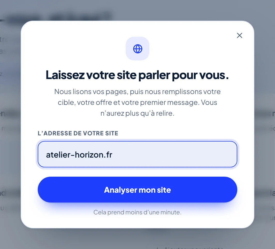 Fenêtre « Laissez votre site parler pour vous. » avec le champ L'adresse de votre site rempli et le bouton Analyser mon site