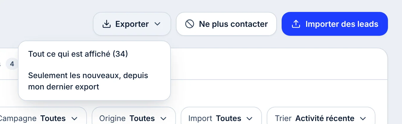 Le menu Exporter ouvert : Tout ce qui est affiché (34) et Seulement les nouveaux, depuis mon dernier export.