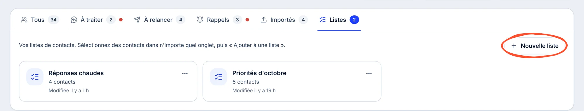 L'onglet Listes avec deux listes, Réponses chaudes (4 contacts) et Priorités d'octobre (6 contacts), et le bouton Nouvelle liste entouré.