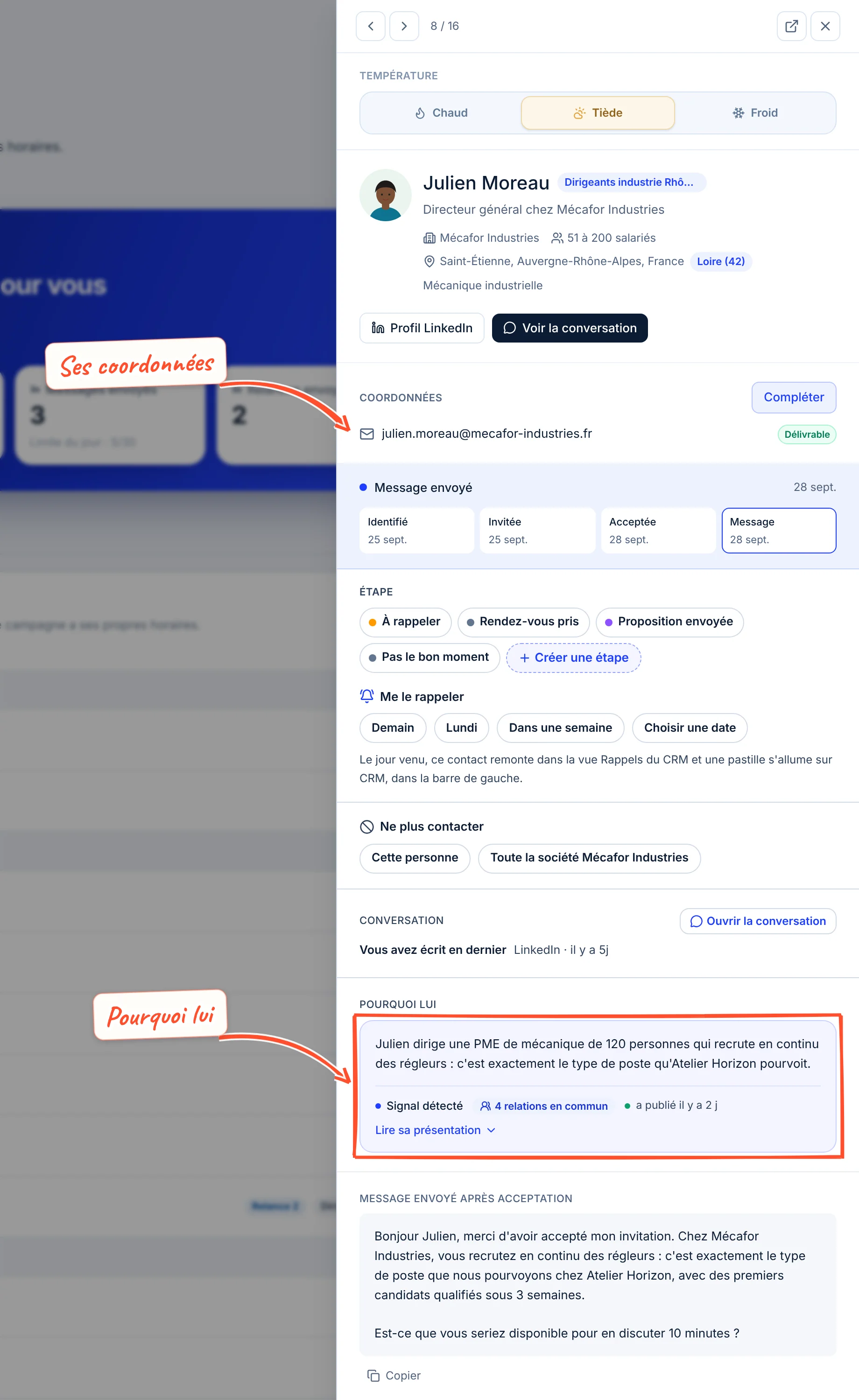La fiche de Julien Moreau, directeur général de Mécafor Industries : coordonnées, étapes de son parcours, et le bloc Pourquoi lui encadré, avec 4 relations en commun et sa dernière publication il y a 2 jours.