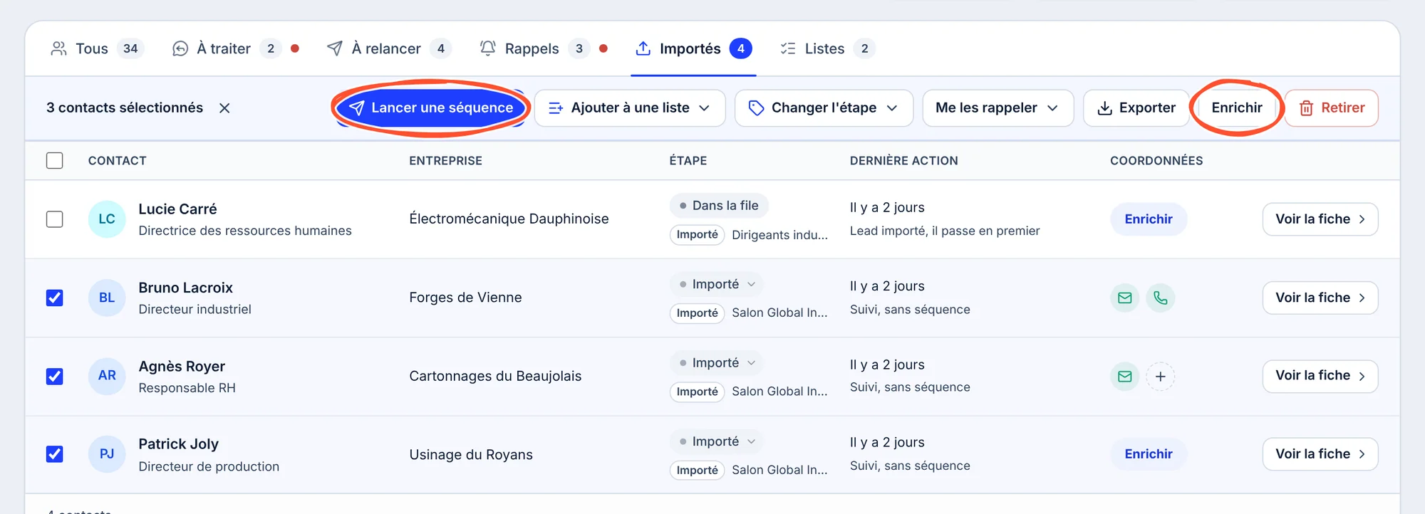 L'onglet Importés : Lucie Carré, dans la file d'envoi avec la mention Lead importé, il passe en premier, puis Bruno Lacroix, Agnès Royer et Patrick Joly, cochés, à l'étape Importé, Suivi, sans séquence. La barre de sélection montre Lancer une séquence et Enrichir, entourés.