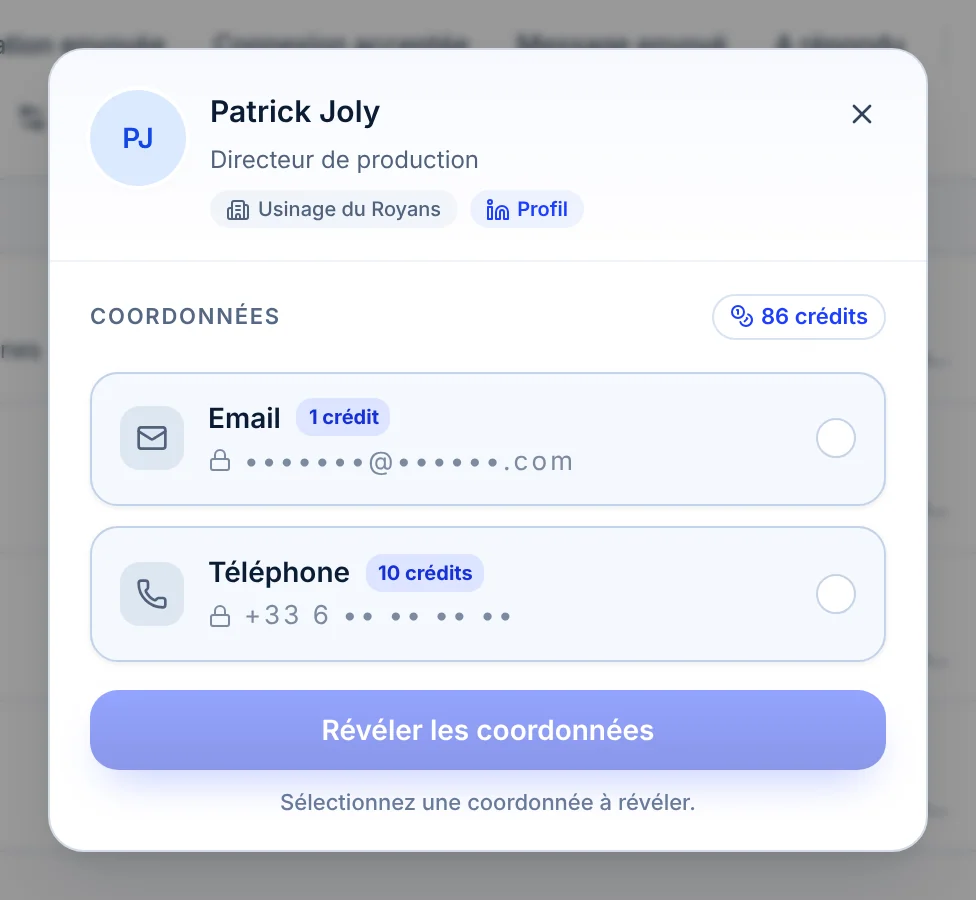 La fenêtre d'enrichissement de Patrick Joly : le solde de 86 crédits, la tuile Email à 1 crédit, la tuile Téléphone à 10 crédits, et le bouton Révéler les coordonnées.