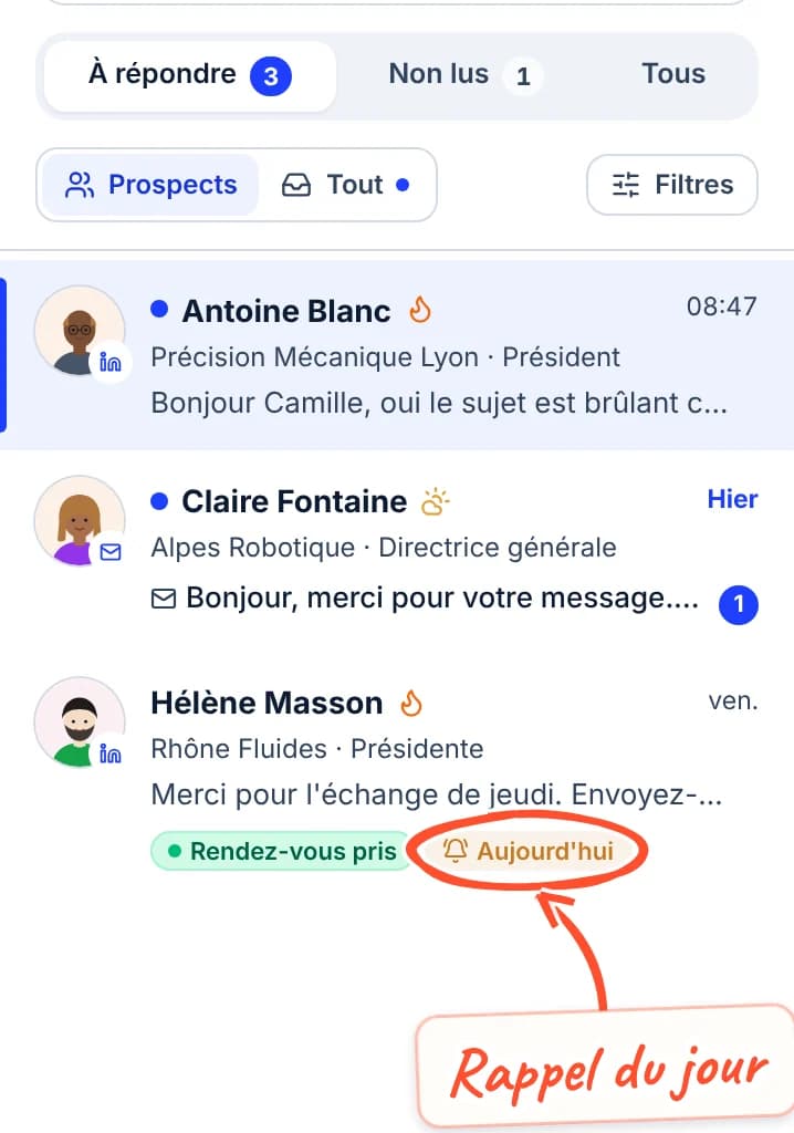 La liste À répondre : Antoine Blanc, Claire Fontaine, puis Hélène Masson avec les pastilles Rendez-vous pris et Aujourd'hui, cette dernière entourée.