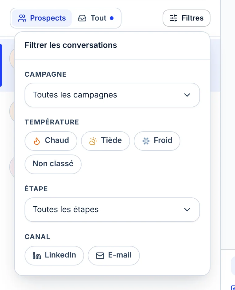 Le panneau Filtrer les conversations ouvert sous le bouton Filtres : Campagne, Température (Chaud, Tiède, Froid, Non classé), Étape et Canal (LinkedIn, E-mail).