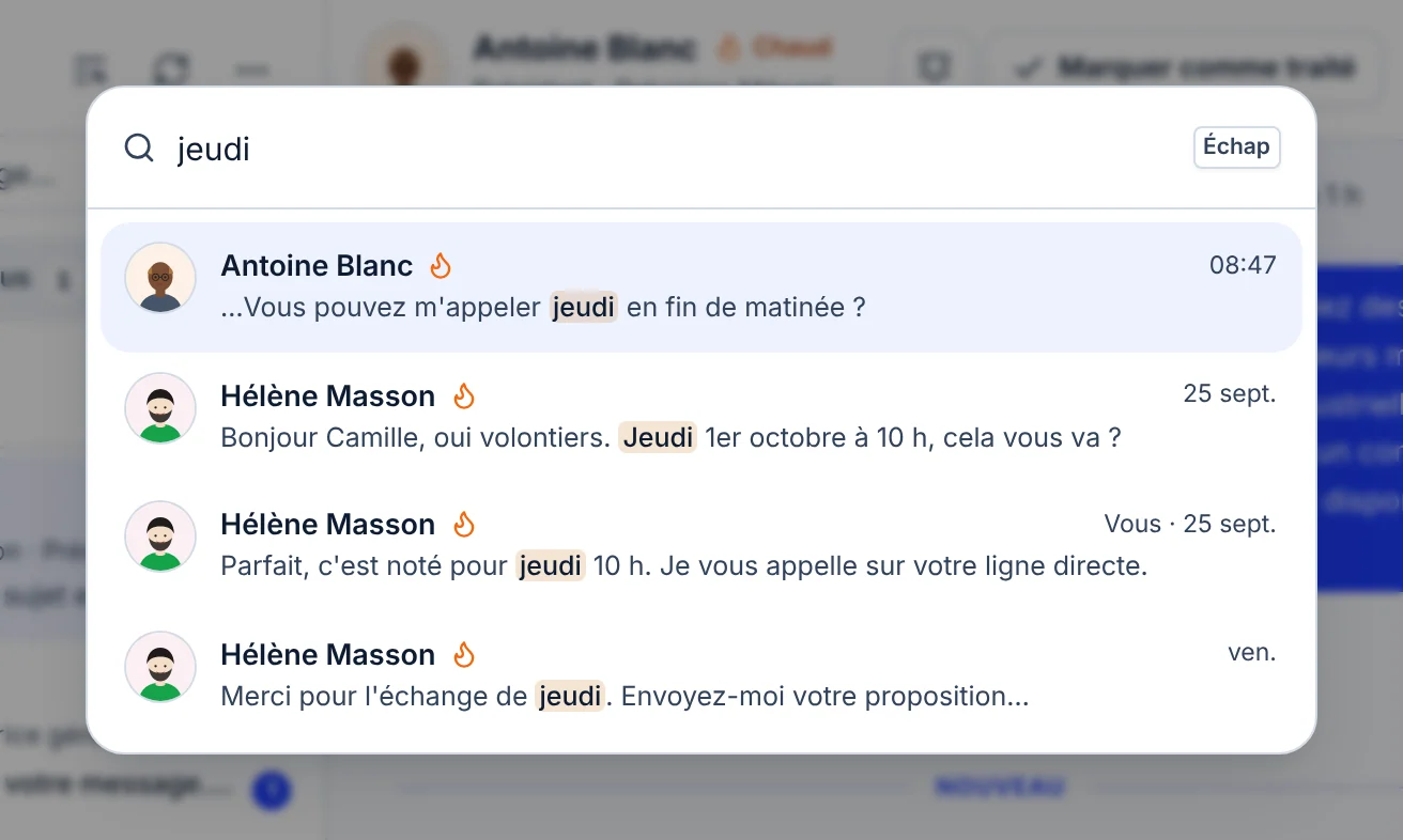 La recherche dans les messages ouverte avec le mot jeudi : un message d'Antoine Blanc et trois messages de la conversation avec Hélène Masson, le mot jeudi surligné dans chacun.