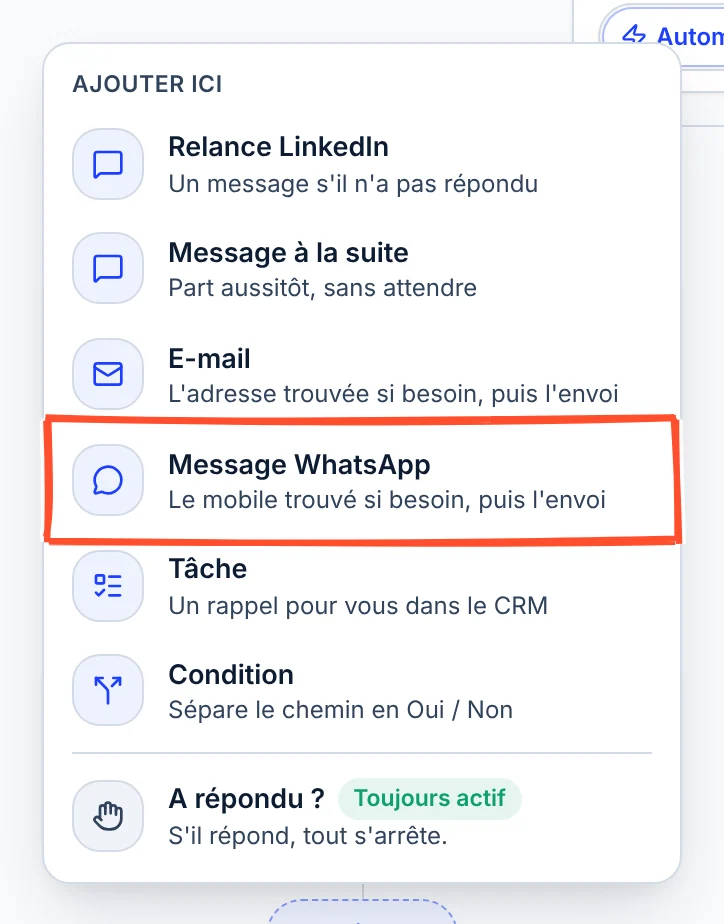 Menu Ajouter ici ouvert dans la séquence : Relance LinkedIn, Message à la suite, E-mail, puis Message WhatsApp encadré avec la mention Le mobile trouvé si besoin, puis l'envoi, puis Tâche, Condition et A répondu ? toujours actif.